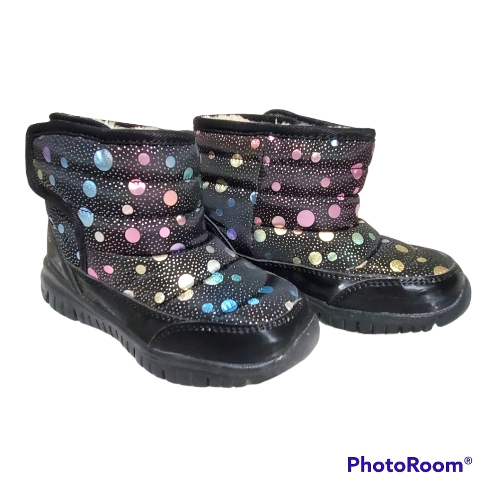 Hobibear Winter Insulated Boots Toddler Sz 2 Black W/Sparkly Colorful Poca Dots